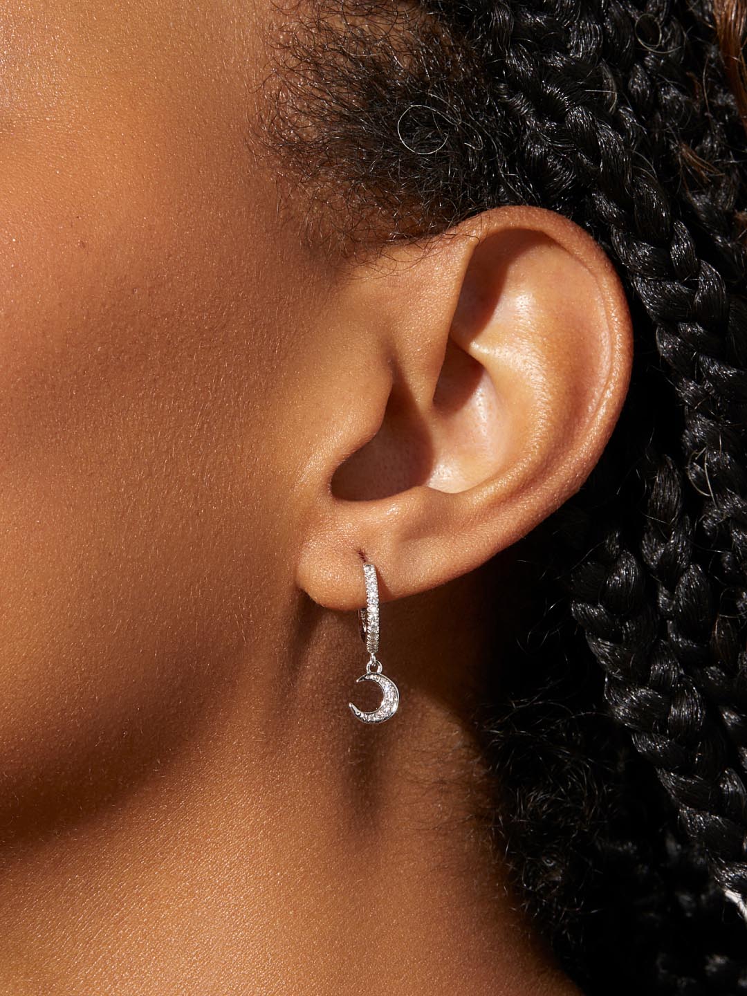 Crescent Moon Huggie Hoops - Celeste Silver