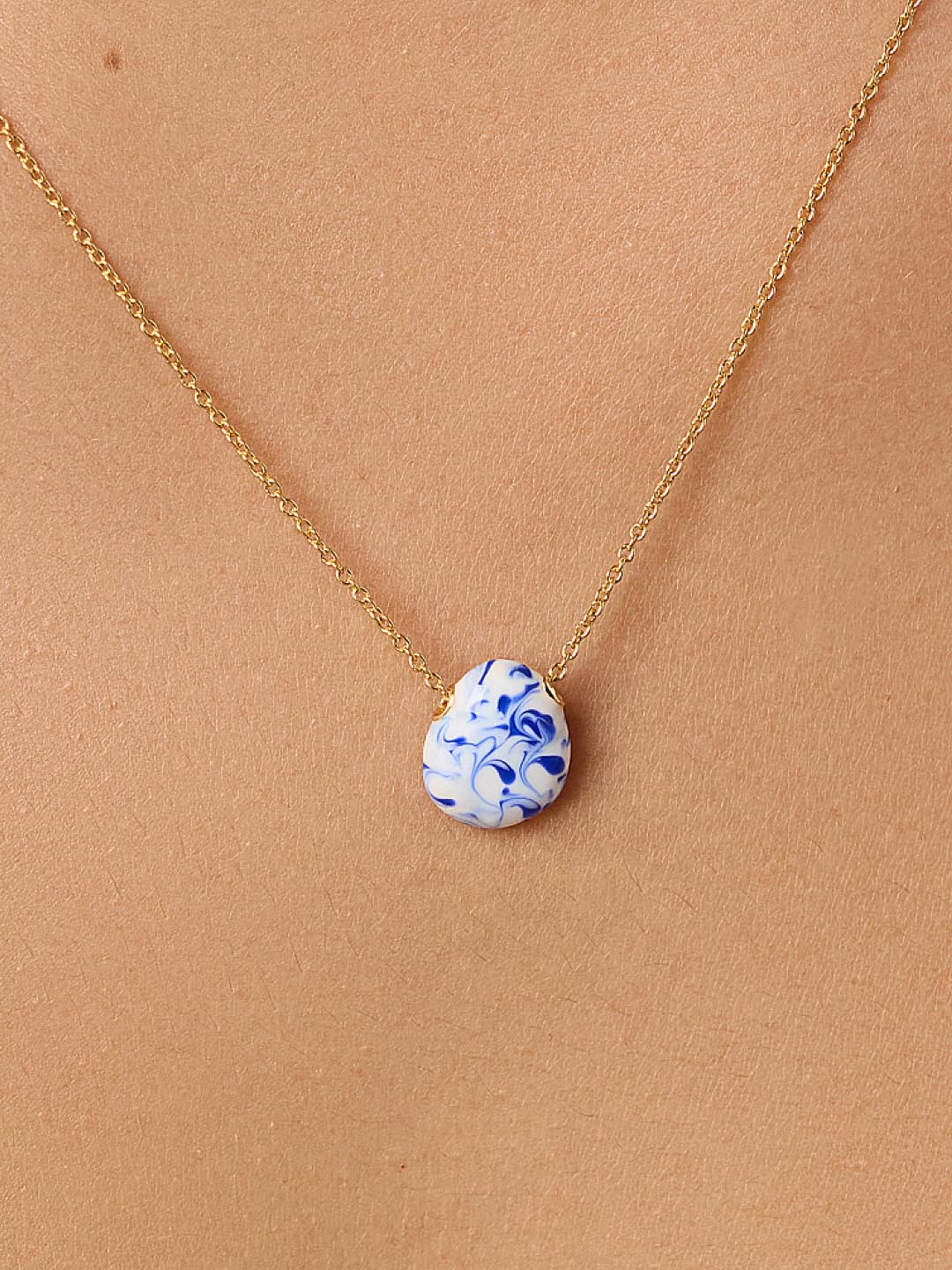 Gold Statement Necklace - Pebble Mini Marble Blue