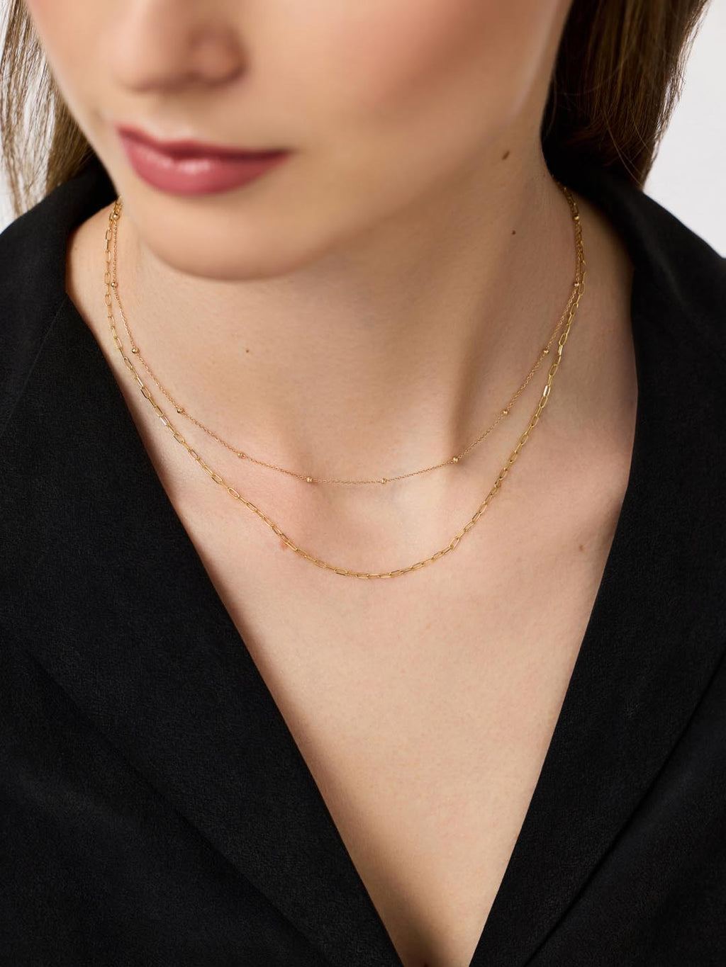 Layered Necklace - Gold Paperclip & Satellite Necklace