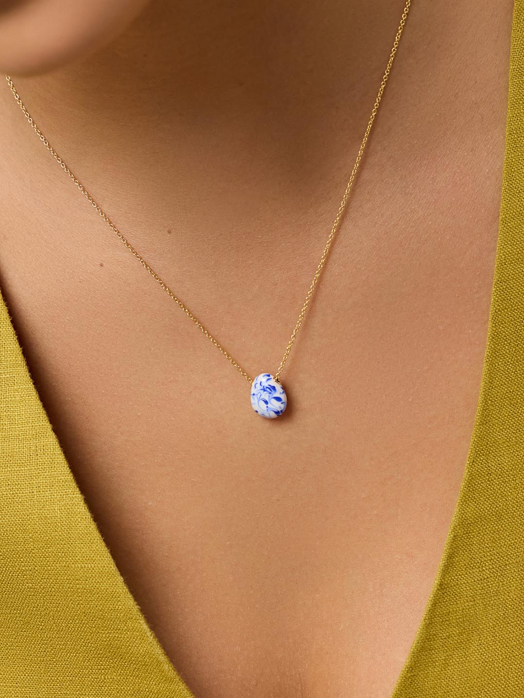 Gold Statement Necklace - Pebble Mini Marble Blue